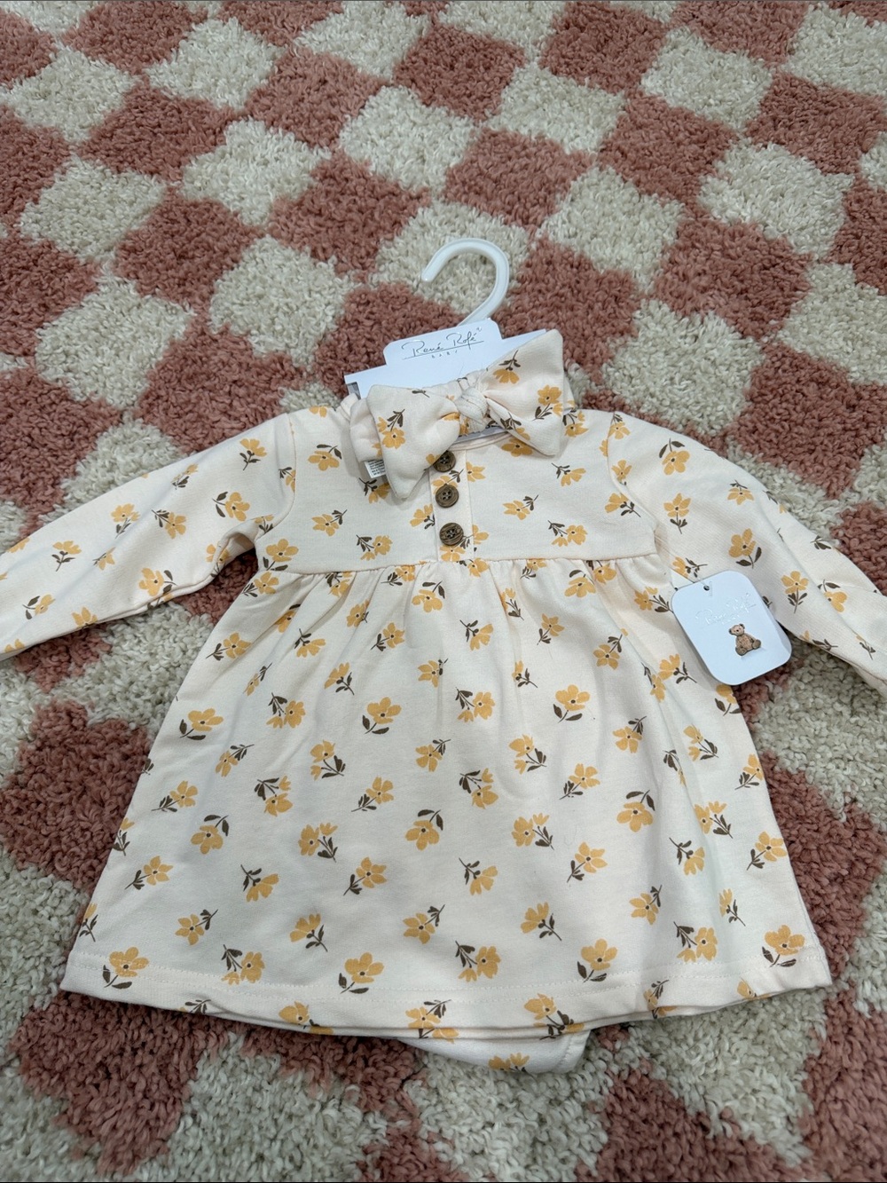 Ruffle Floral Bow-Front Long Sleeve Dress - Cream & Yellow